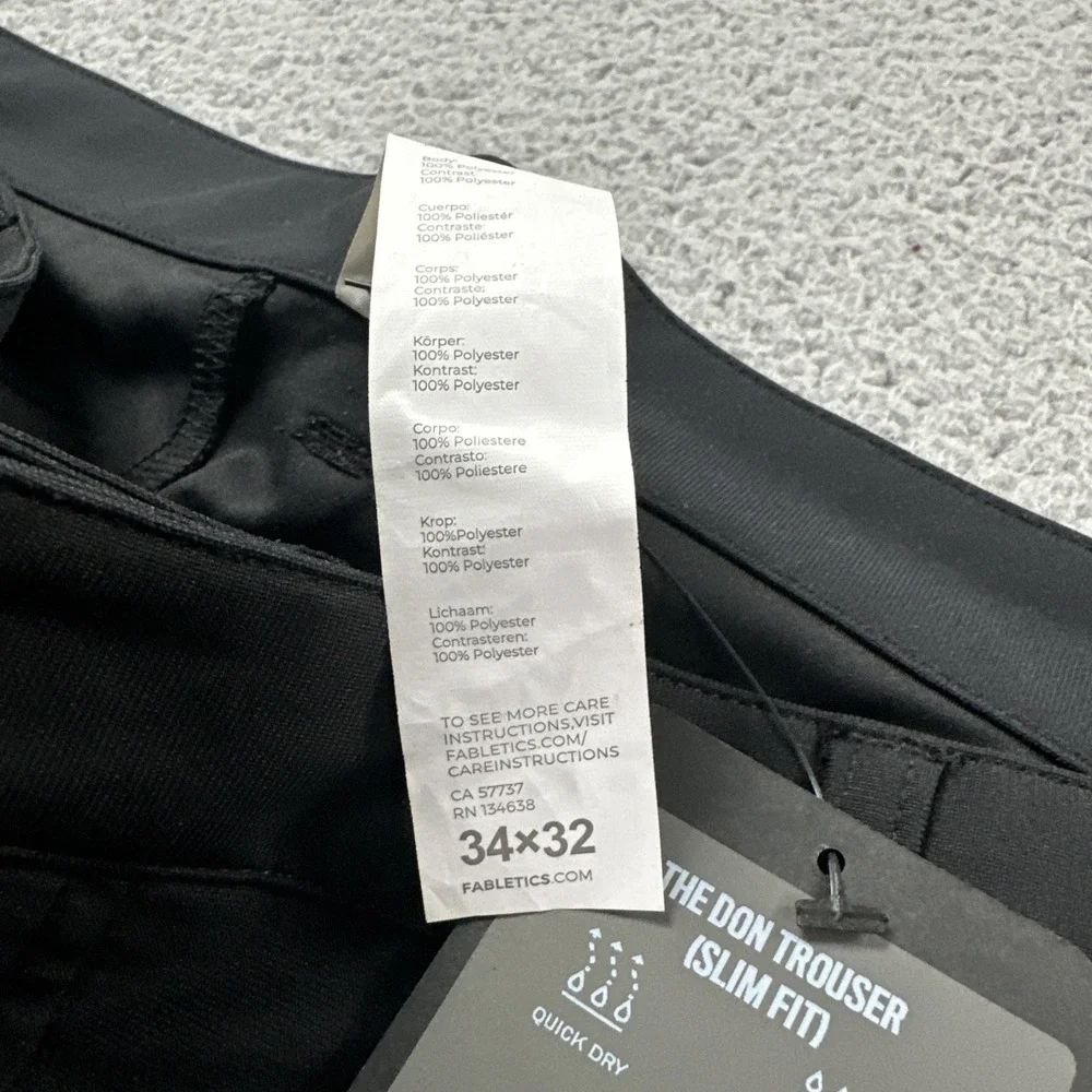 NWT Fabletics The Don Trouser Pants Men 34x32 Black Slim Fit Water Resistant